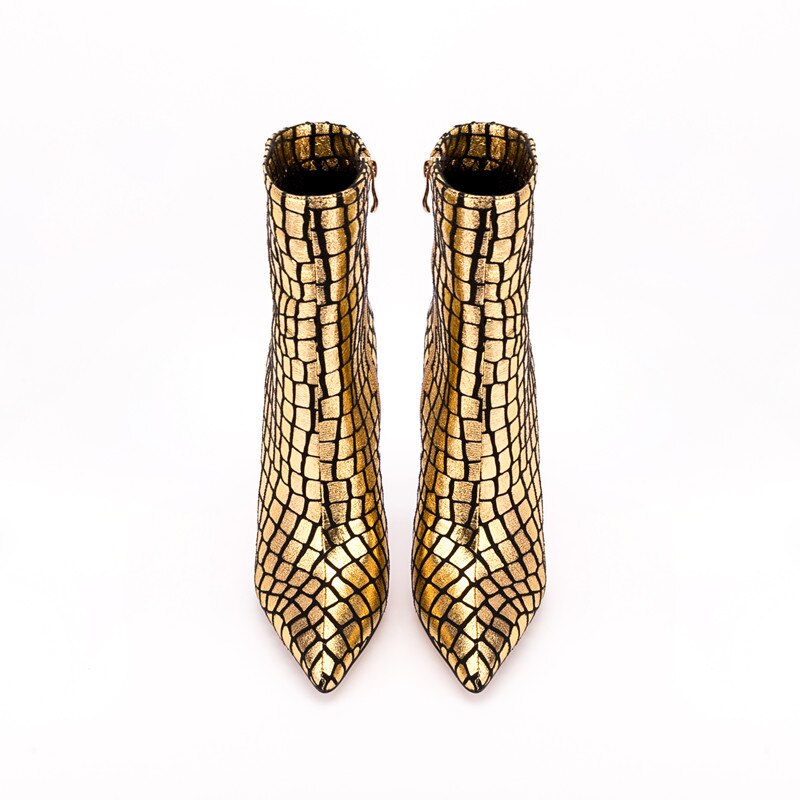 Pointed Toe Super High Heel Ankle Boots Ladies Party Shoes Side Zipper Shiny Stone Pattern Gold Sexy Winter Autumn Fashion Shoes