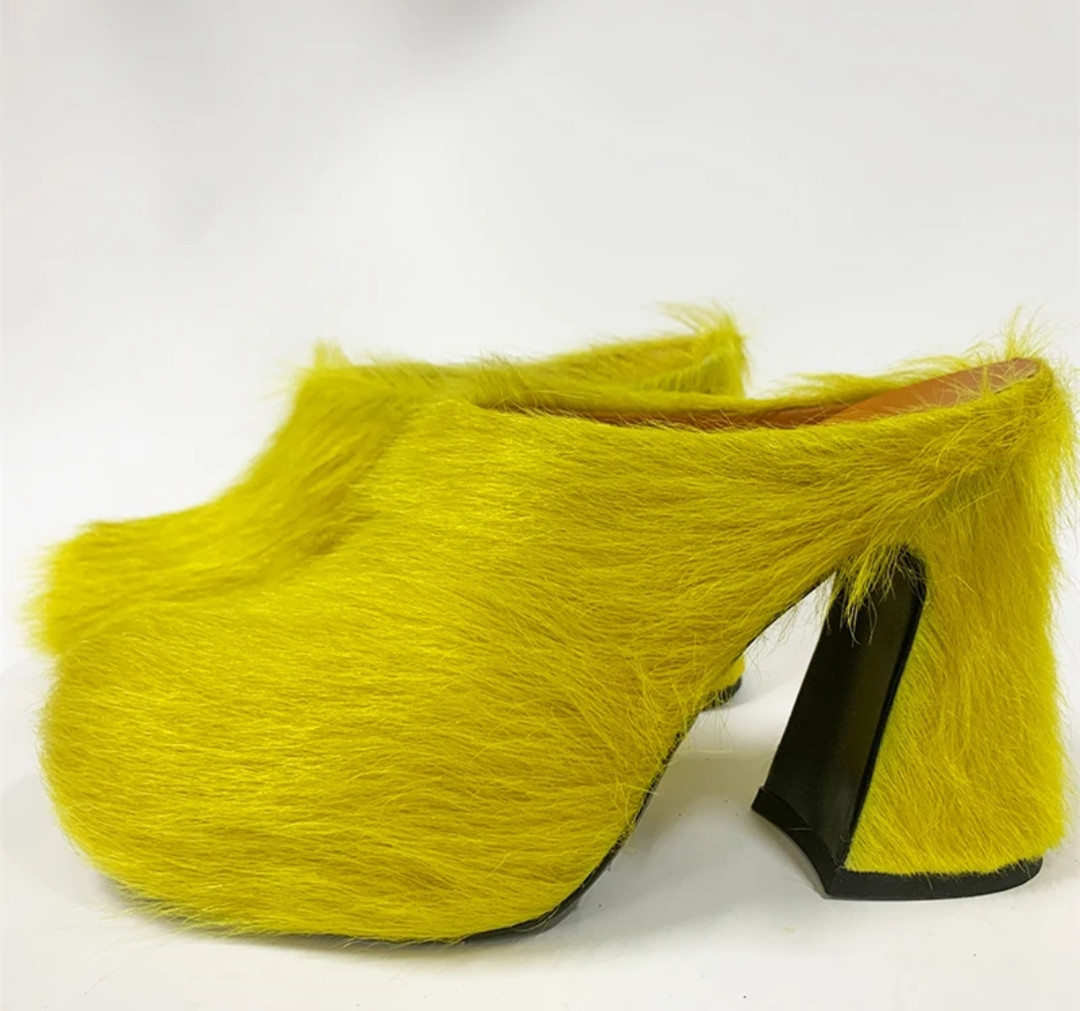 Round headed candy colored genuine leather horse hair with raised height inside casual lazy half slippers for women