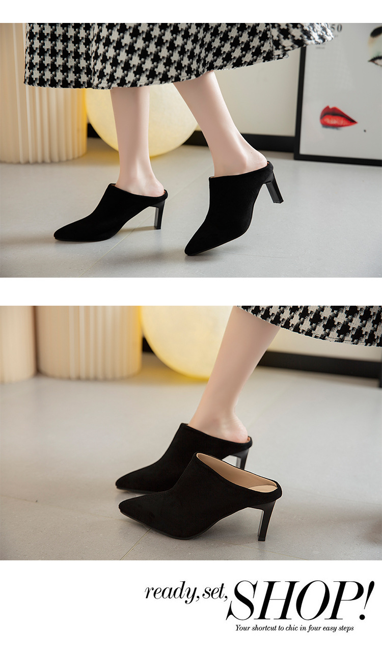 Retro stiletto pointed toe mules for women summer outer wear half slippers