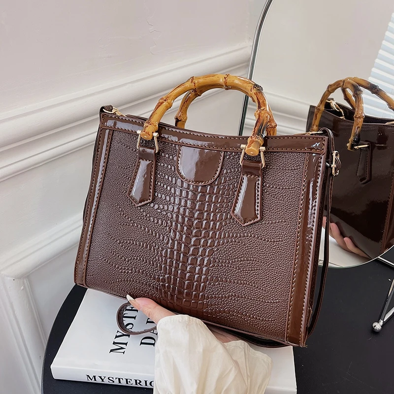High Quality Leather Shoulder Bag For Women Luxury Alligator Handbag Designer Women Bag Retro Bamboo Handle Tote Bag Female