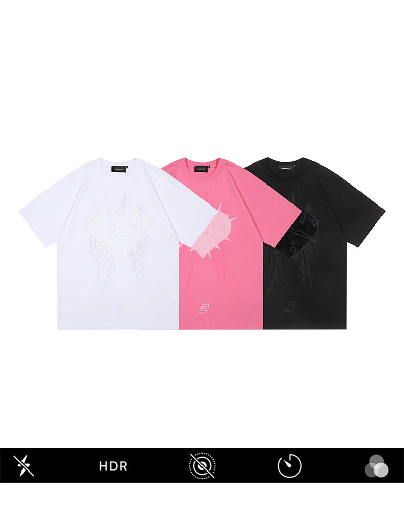 Water washed plush heart men's and women's loose short sleeved T-shirt