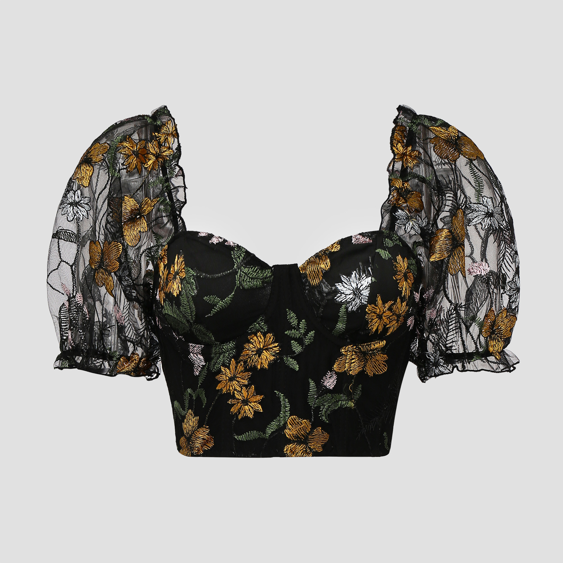 Short Embroidered Mesh Bubble Sleeve T-shirt Top