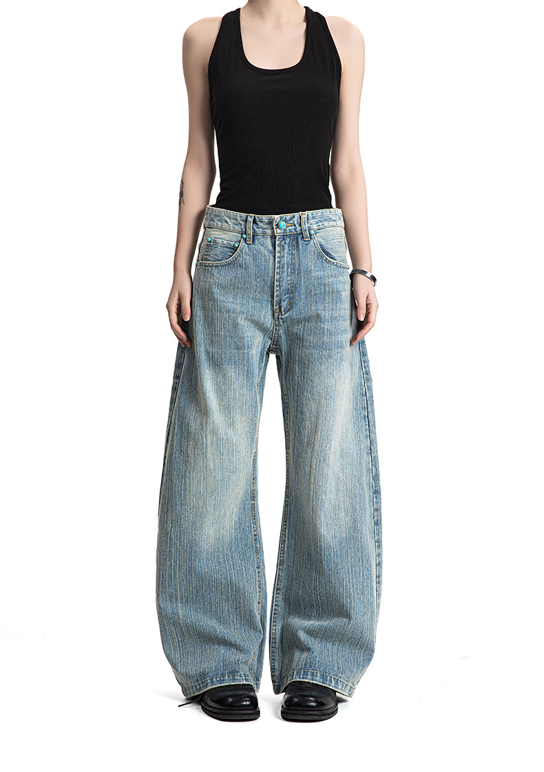 Washed Bamboo Slub Faded White Unisex Summer Loose Straight Denim Pants