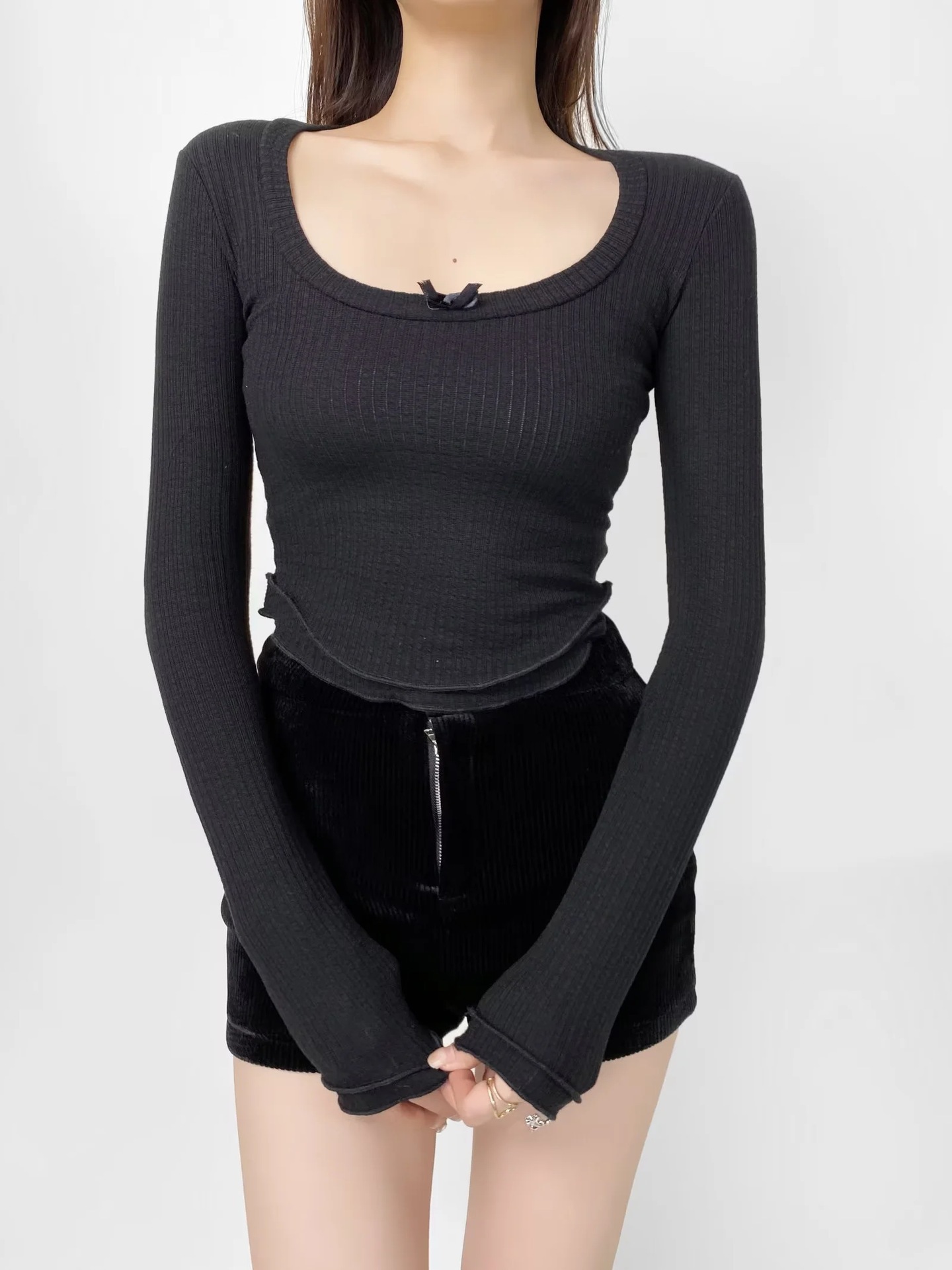 Cotton Crew Collar Full Sleeve Fitted Ribbon T-Shirt