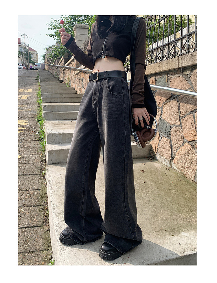 Women's Faded Black and Gray Denim Pants High-Waisted Loose Floor-Length Wide-Leg Trousers