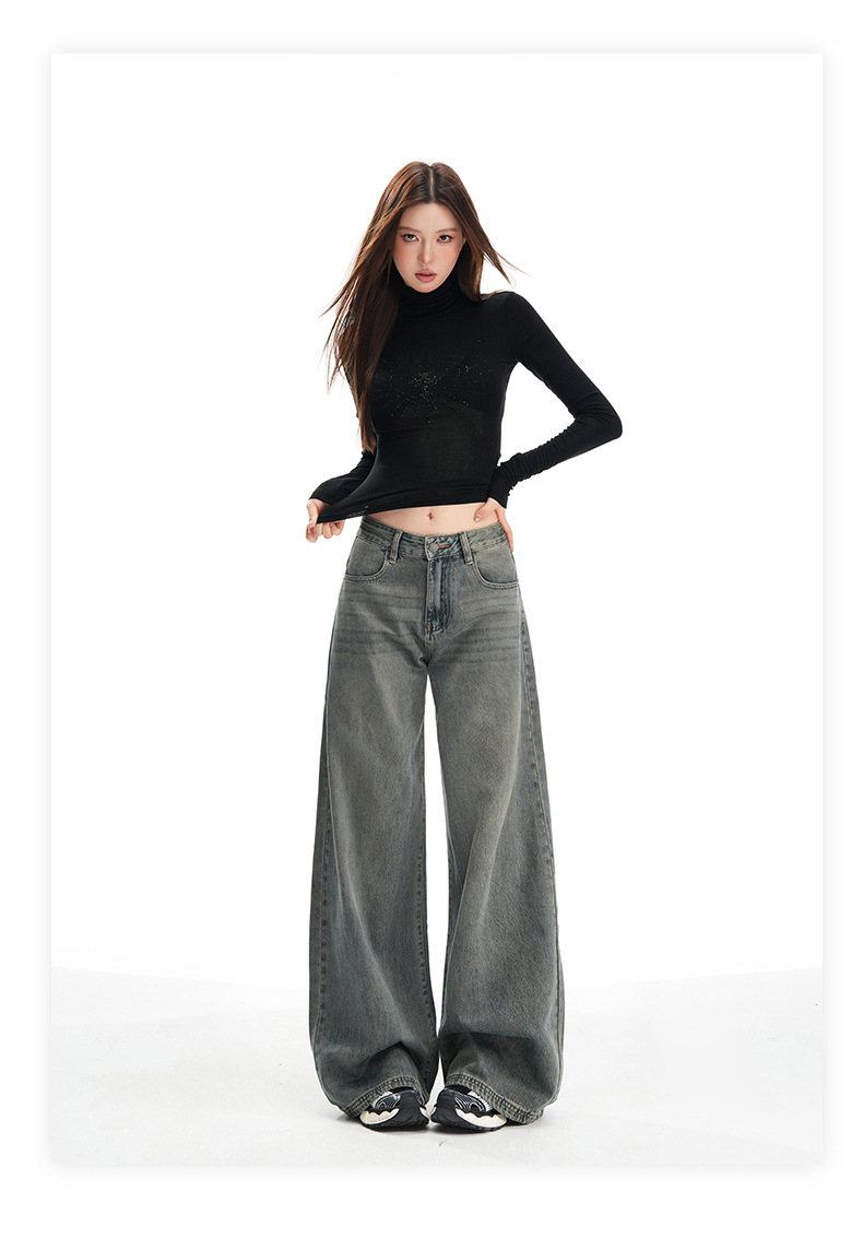 Women's Wide-Leg Pants Loose Fit High-Waist Trousers Slimming Multi-Purpose Denim Pants with Vintage Color Washed Effect
