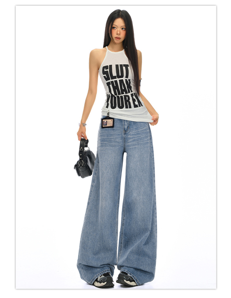 Vintage Washed Crease Wide Leg Pants Women High Waist Loose Slimming Drape Denim Pants Summer New Style