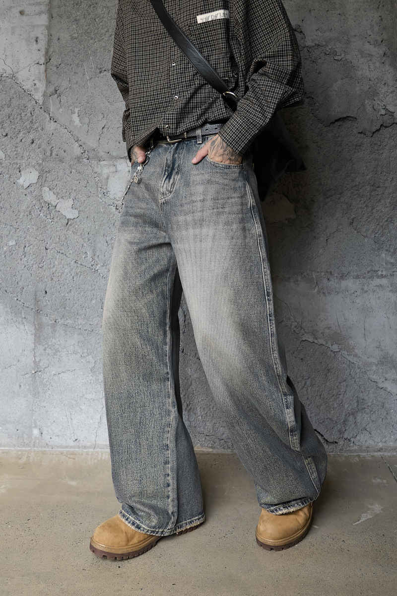 Washed Gradient Knife-Edge Denim Pants Men Streetwear High-Street Vibe Loose Straight Leg Wide Leg Pants