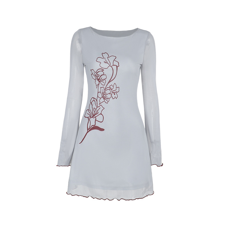 Crewneck Mid-Waist Polyester Patterned Full Sleeve Short Dress