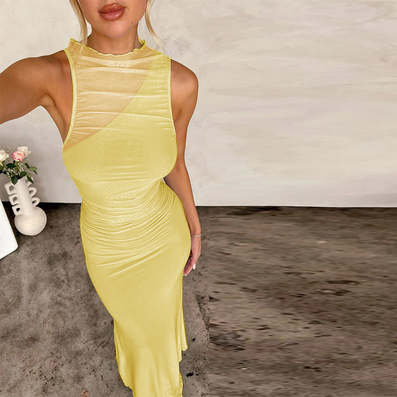 Plain Round Neck Sleeveless Fitted Sheer Polyester Dress