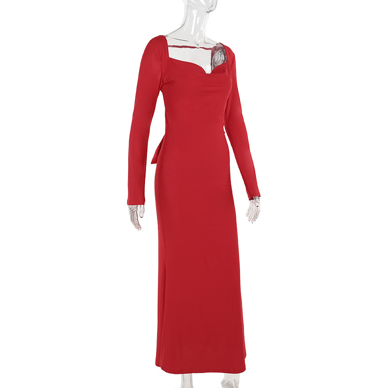 Full Sleeve V-Neck Bow Back Pencil Dress