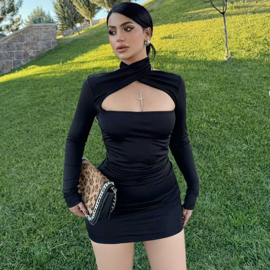 Cross hanging neck hollowed out backless long sleeved short dress