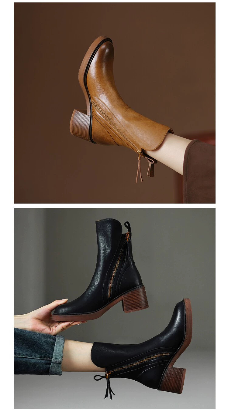 Round headed double zipper thick heel sponge bottom brown retro Martin boots for women