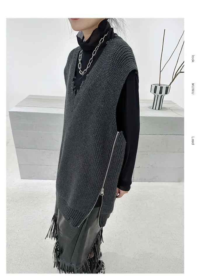 Women Sweater V-neck Asymmetry Sleeveless Knitting Vests Fashion Loose Long Dark Gray Autumn And Winter Sweater Vests