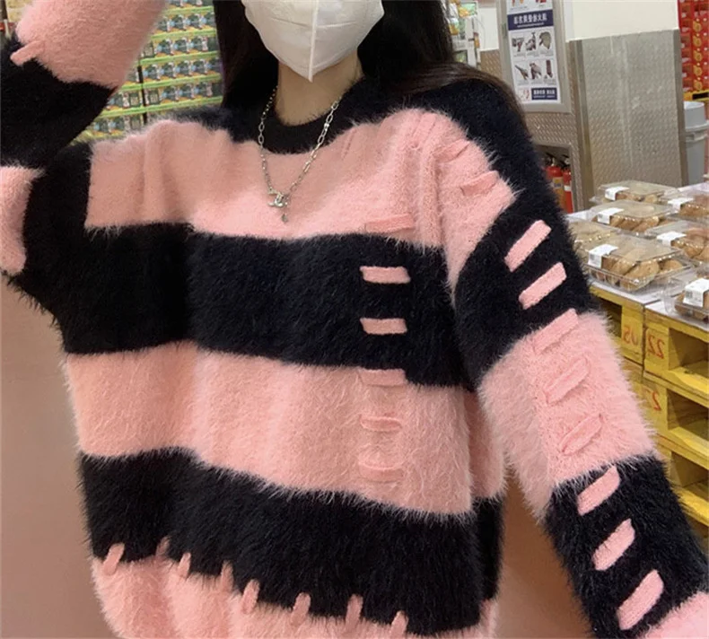 Ladies Fall Two-Tone Oversized Stretch Acrylic Sweater
