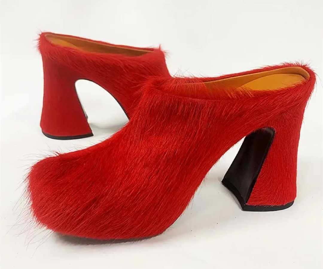 Round headed candy colored genuine leather horse hair with raised height inside casual lazy half slippers for women