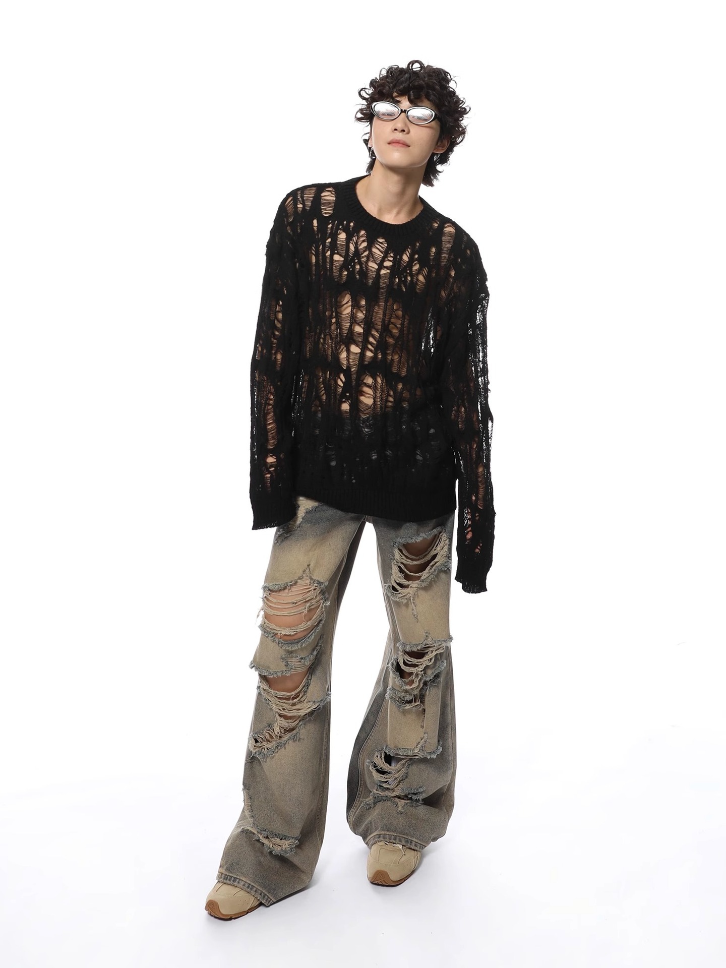 Polyester Open Mesh Crew Neck Sweater