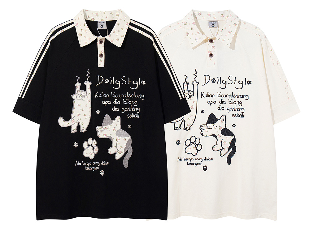 Retro Cute Cat Letter Embroidery Turn-Down Collar Short Sleeve T-Shirt Men's Loose Casual Couple Top