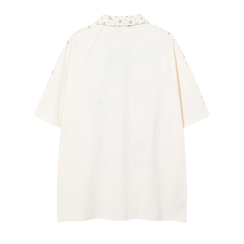 Retro Cute Cat Letter Embroidery Turn-Down Collar Short Sleeve T-Shirt Men's Loose Casual Couple Top