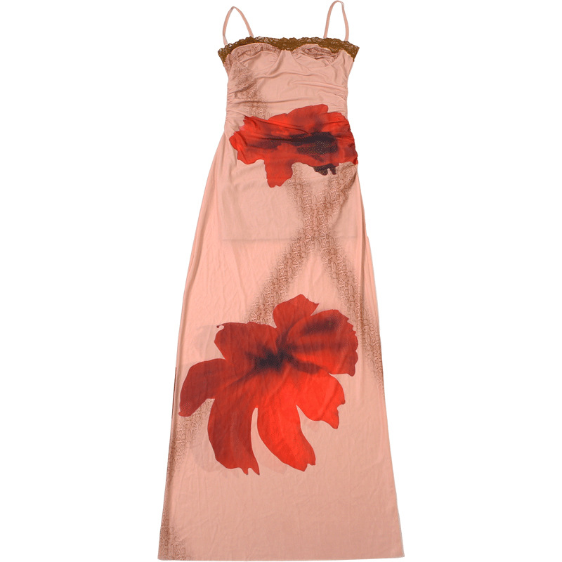 Sleeveless backless slimming color blocked lace camisole long skirt for women