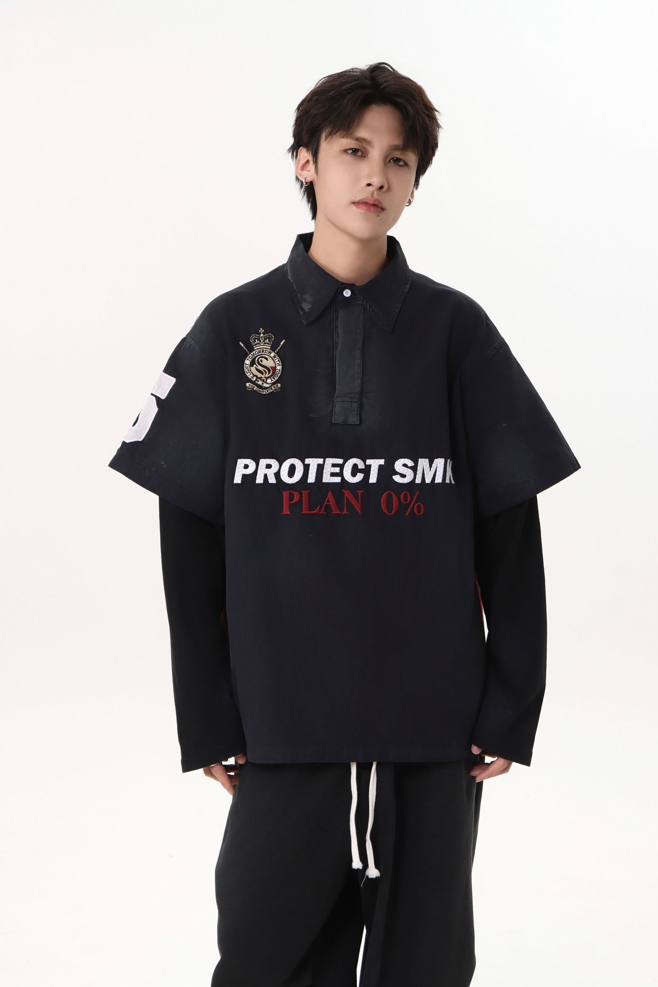Heavyweight Cotton Long Sleeve Faux-Layered Button-Up Letter Hoodie