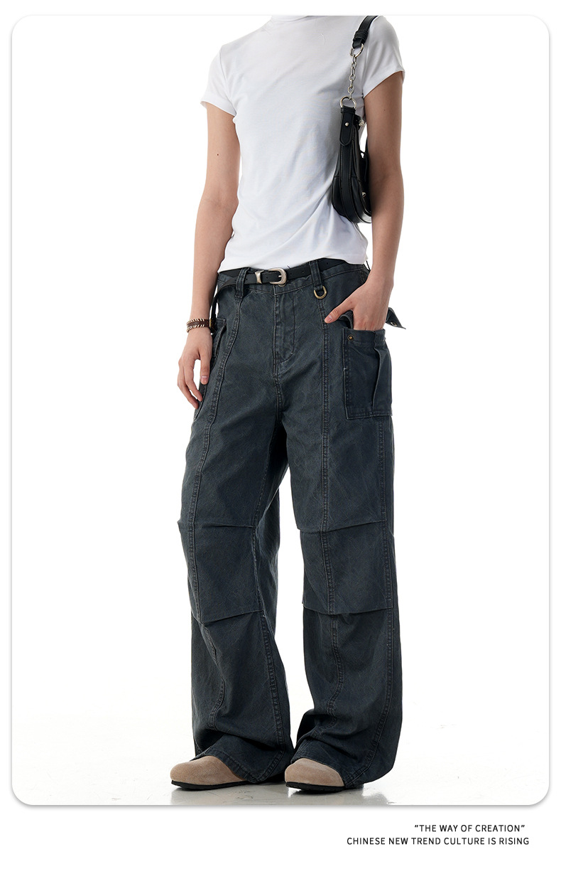 Flared Work Pants for Men and Women Slim Multi-Pocket Simple Loose Casual Pure Cotton Long Pants