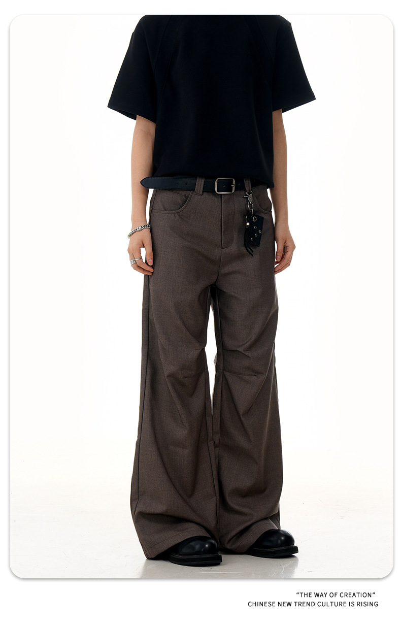 Flared Brown Trousers with Pleated Retro Design Loose Fit Casual Slim Long Pants