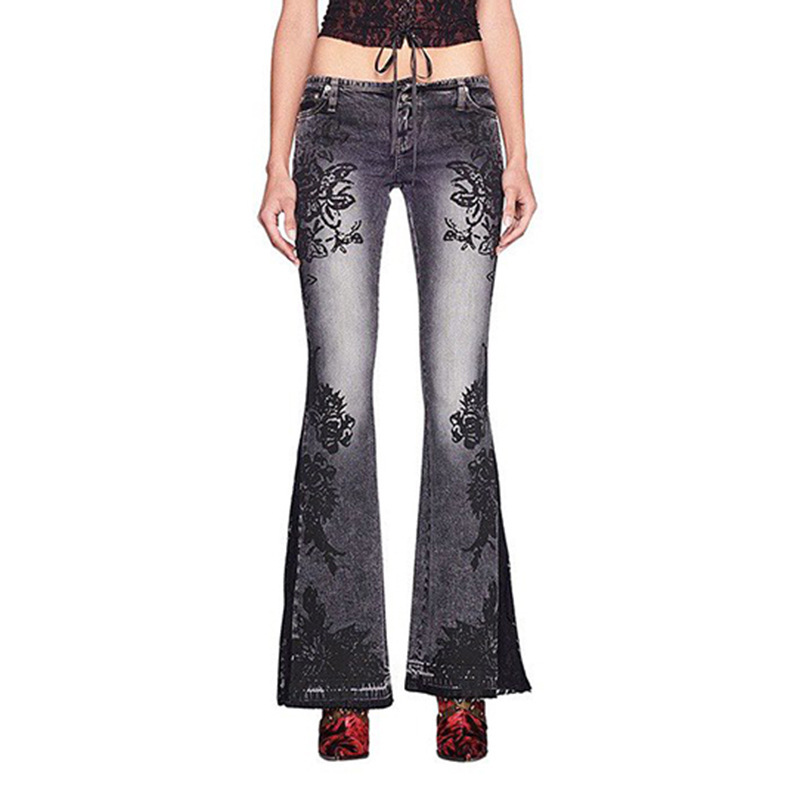 Retro plant print washed water slim fit and slimming flared jeans