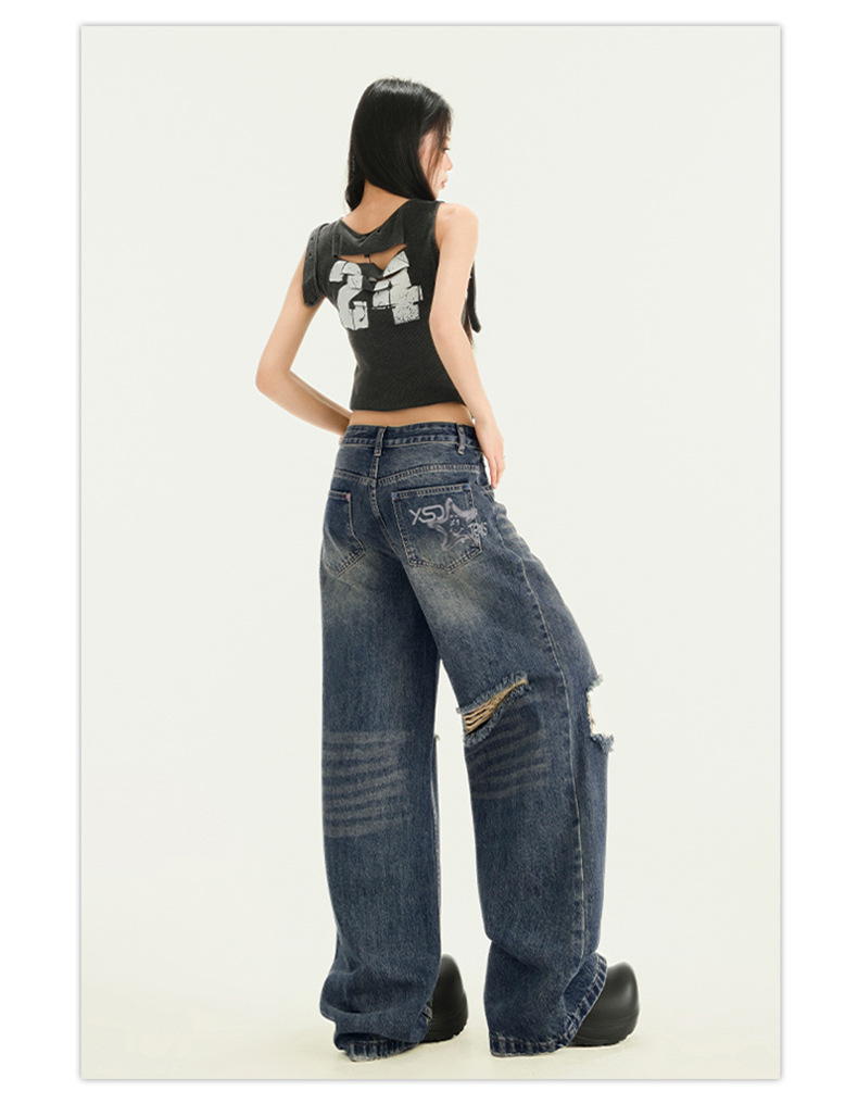 Women's Pocket Print High Waist Wide Leg Pants Summer Loose Slimming Distressed Denim Trousers
