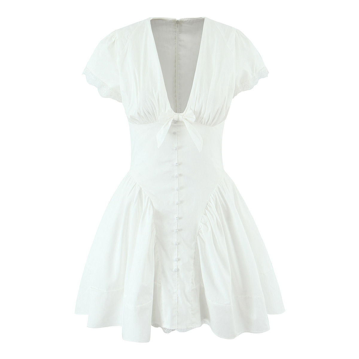 V-Cut Short-Sleeve Two-Tone Knot Detail Nipped-In Above-Knee Dress