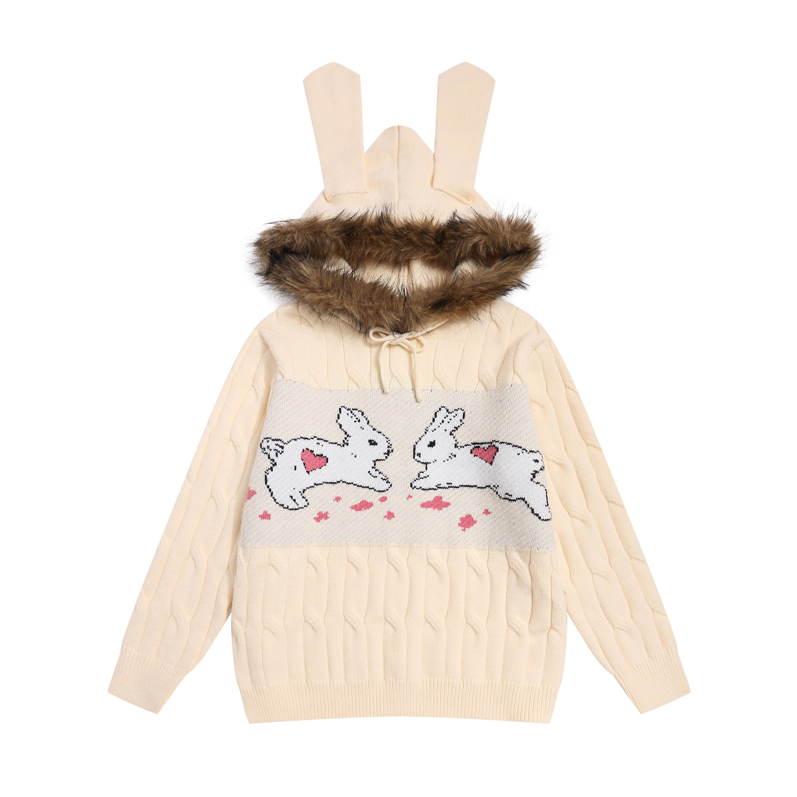 Oversized Bunny Print Hood Sweater Fluffy Ribbon Detail