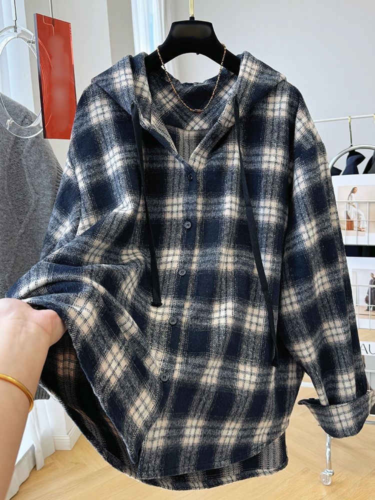 Ladies Oversized Checkered Cotton Blend Hoodie