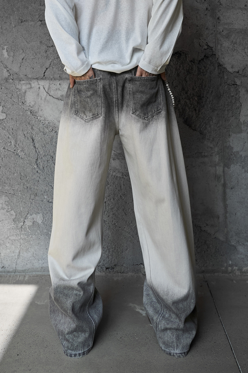 Streetwear Hip-Hop Style Gradient Color Wide-Leg Denim Pants Straight Leg Design Retro Knife-Edge Floor-Length Trousers