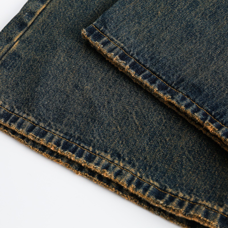 Washed Yellow Mud Color Distressed Loose Straight Leg Jeans