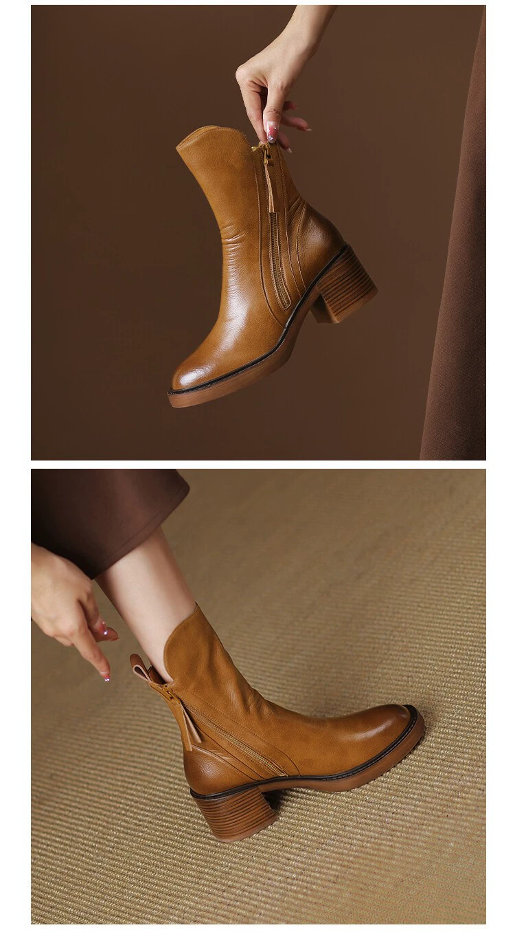 Round headed double zipper thick heel sponge bottom brown retro Martin boots for women