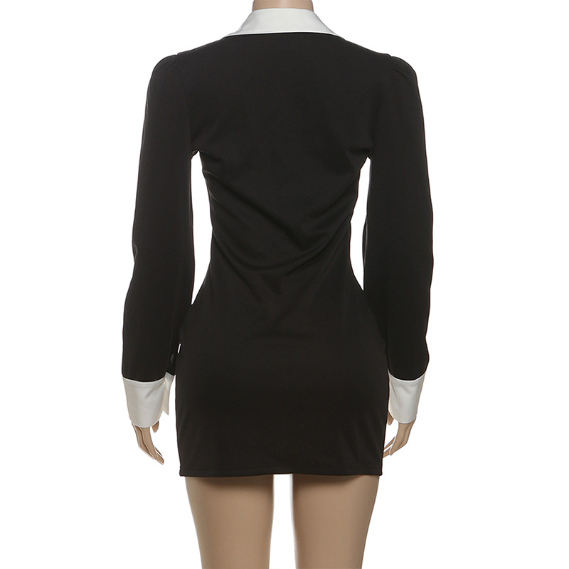 Two-Tone Bodycon V-Neck High-Waisted Long-Sleeve Polyester Dress