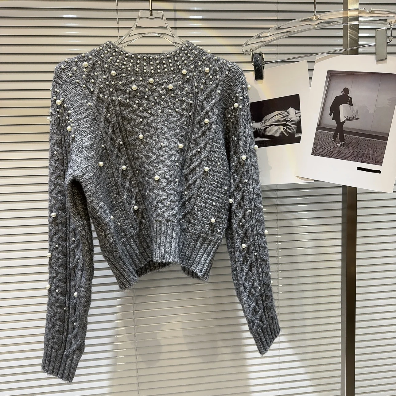 Ladies Beaded Mesh Crew Sweater