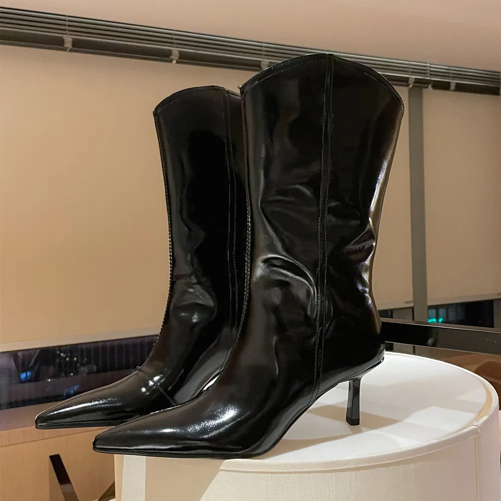 Fashion Western Women Mid-Calf Boots Pointed Toe Thin High Heels Office Lady Shoes Woman Genuine Leather Autumn Winter