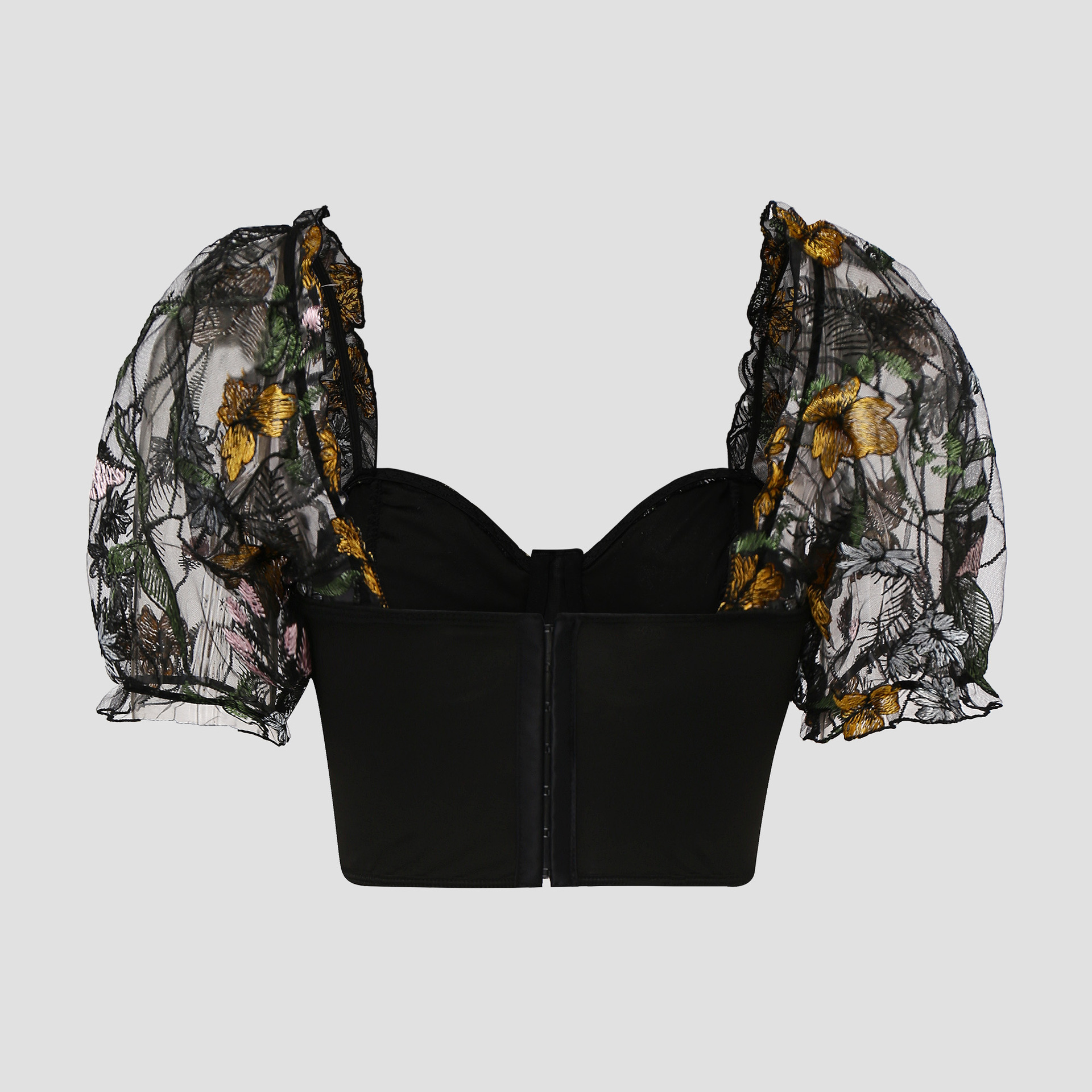 Short Embroidered Mesh Bubble Sleeve T-shirt Top