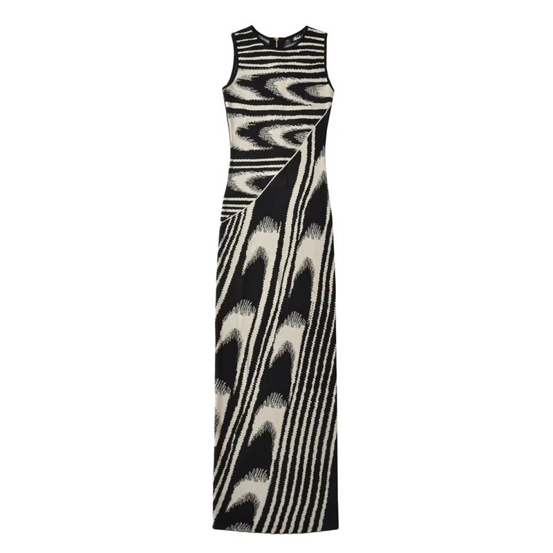 Women's Clothing Abstract Pattern High Waist Slim Round Neck Zipper Sleeveless Bodycon Dress