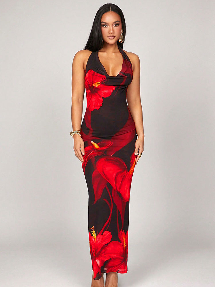 Polyester Round Collar Patterned Dress