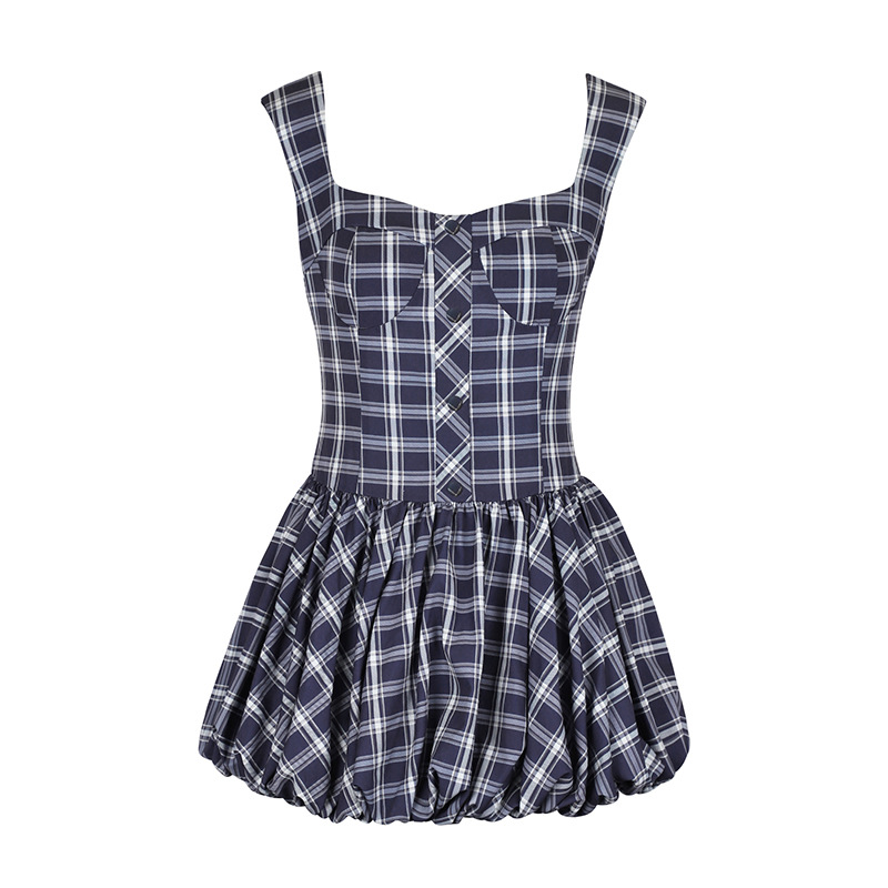 Sleeveless Polyester Checkered Fitted A-Line Dress