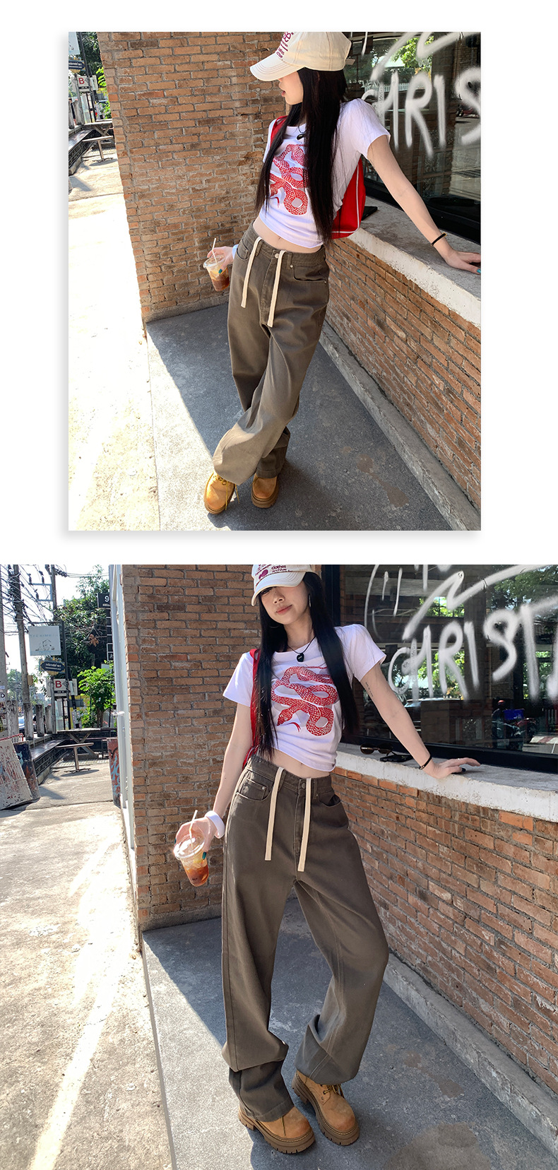 Retro Washed Straight Jeans Women Elastic Waist Versatile Brown High Waist Wide Leg Pants