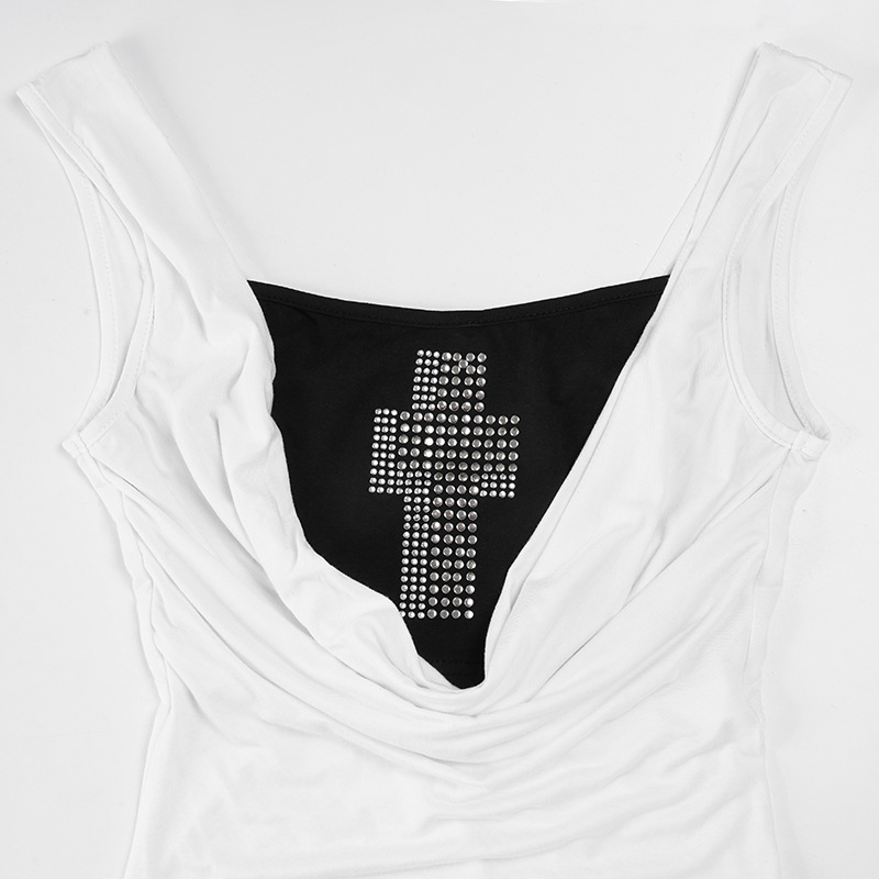 Post-Apocalyptic Style Unique Swing Collar Cross Splicing Sleeveless Top Spicy Girl Color Block Short Fake Two-Piece Knitted Vest