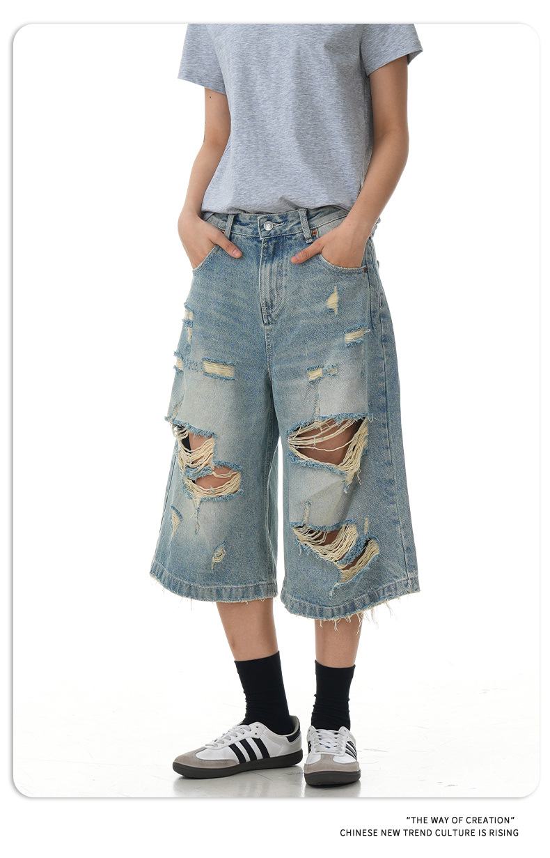 Design Seven-Quarter Denim Pants Washed Loose Straight Trendy Shorts
