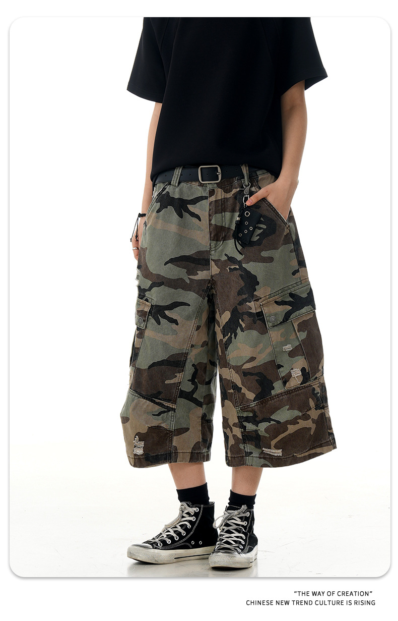Loose Fit Casual Multi-Pocket Retro Straight Leg Slim Wide Leg Three-Quarter Pants