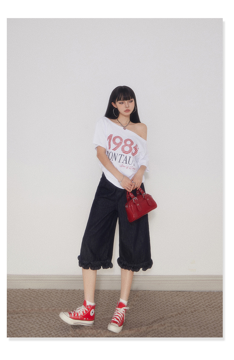 Women's Loose Trousers Straight Denim Pants with Lace Hem Casual Wide Leg Pants