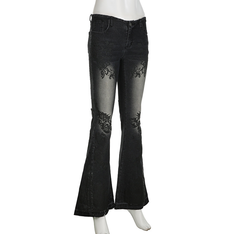 Retro plant print washed water slim fit and slimming flared jeans