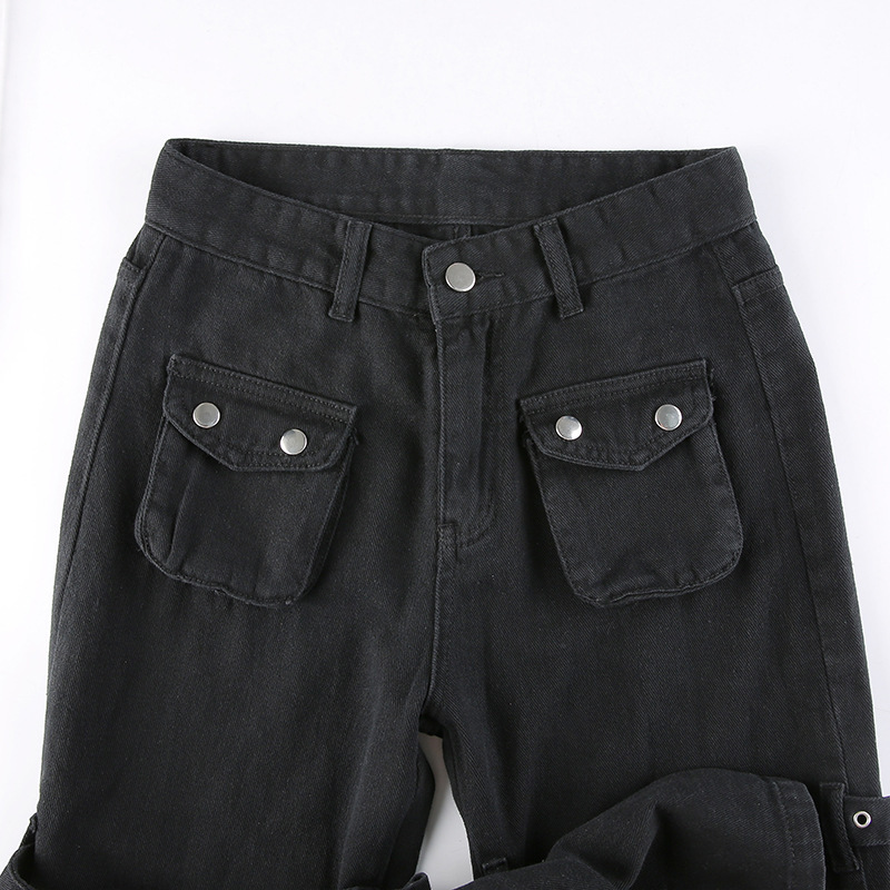 Metal buckle contrasting print high waisted workwear jeans for women