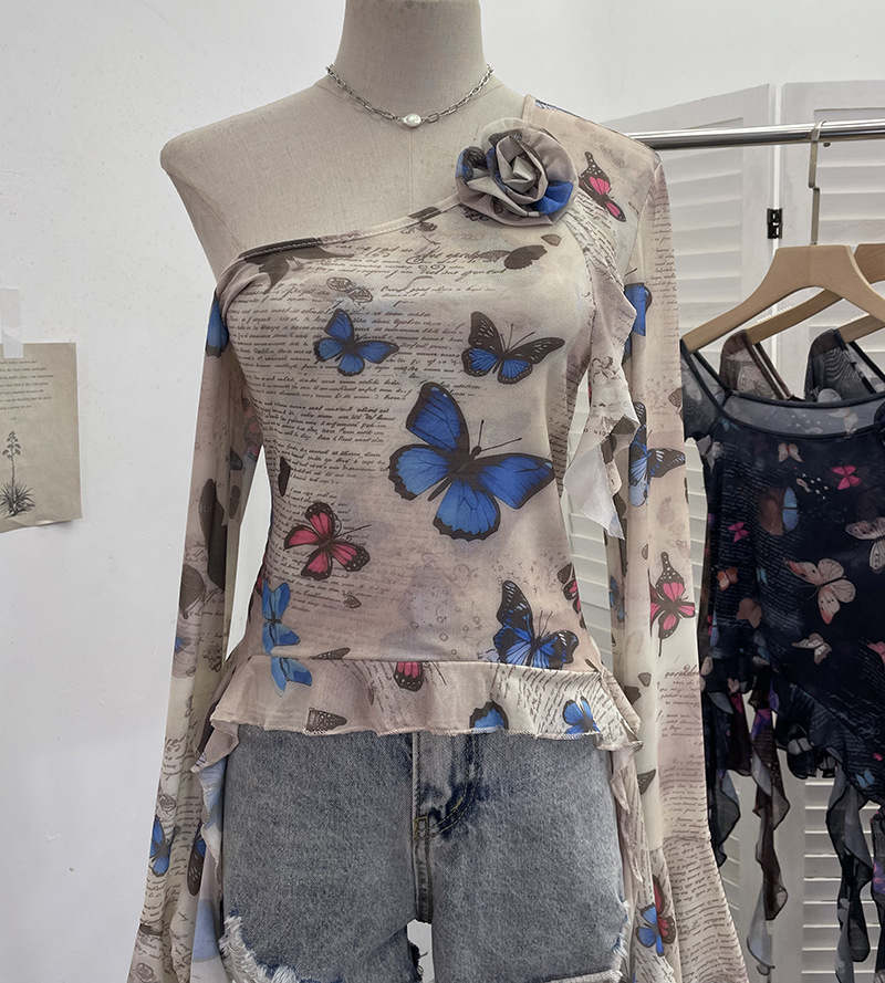 Asymmetric Pointed Floral Off-Shoulder Full Sleeve Top